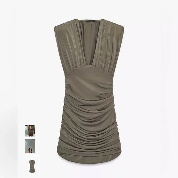 NEW WITH TAGS 🎉 Zara khaki SHORT DRESS WITH SHOULDER PADS size L - Picture 4 of 16